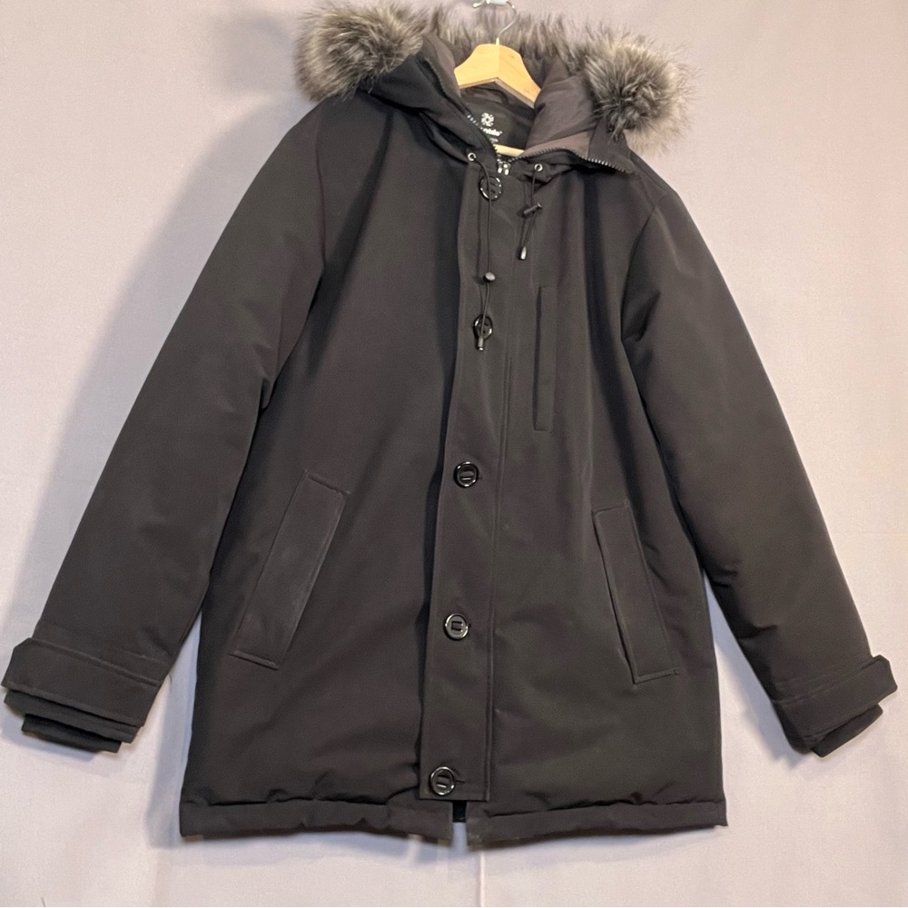 Wantdo Men's SzL Black Winter Warm Hooded Puffer Jacket w/Faux Fur zip&button